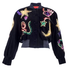 90s Escada Black Velvet Bomber Jacket with Rainbow Colored Applique.