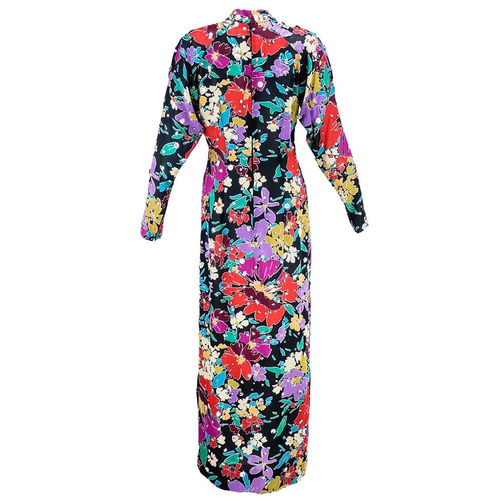Gray 70s Pauline Trigere Black Rainbow Floral Gown with Silver Paillletes