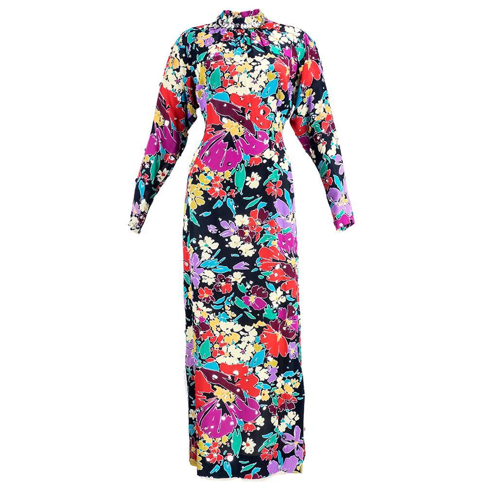 70s Pauline Trigere Black Rainbow Floral Gown with Silver Paillletes