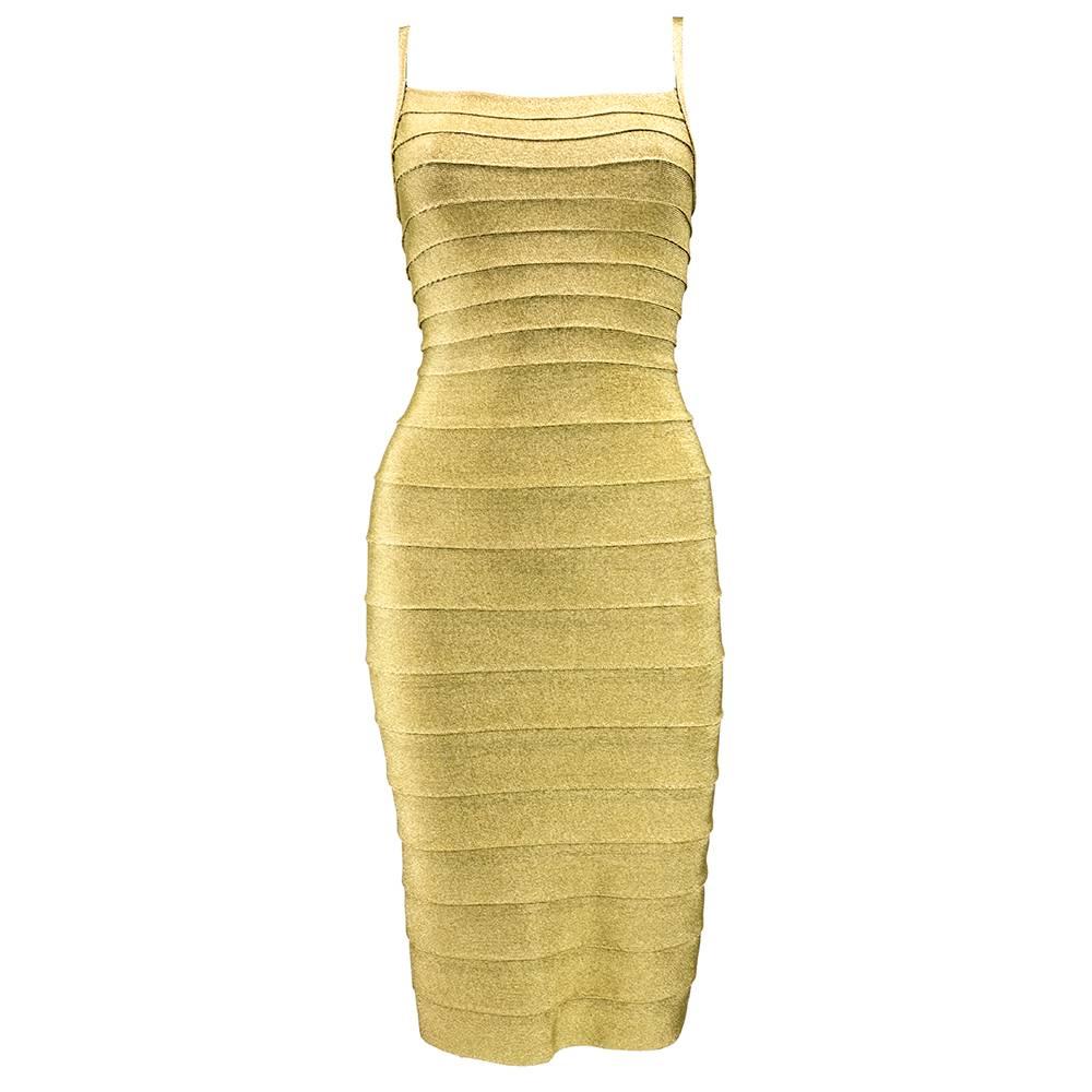 1990s Herve Leger Classic Couture Gold Bandage Dress For Sale