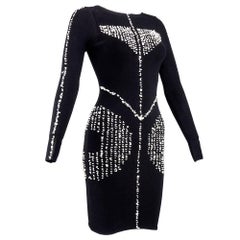 90s Krizia Black Knit Body Con Mini Embellished with Mother of Pearl