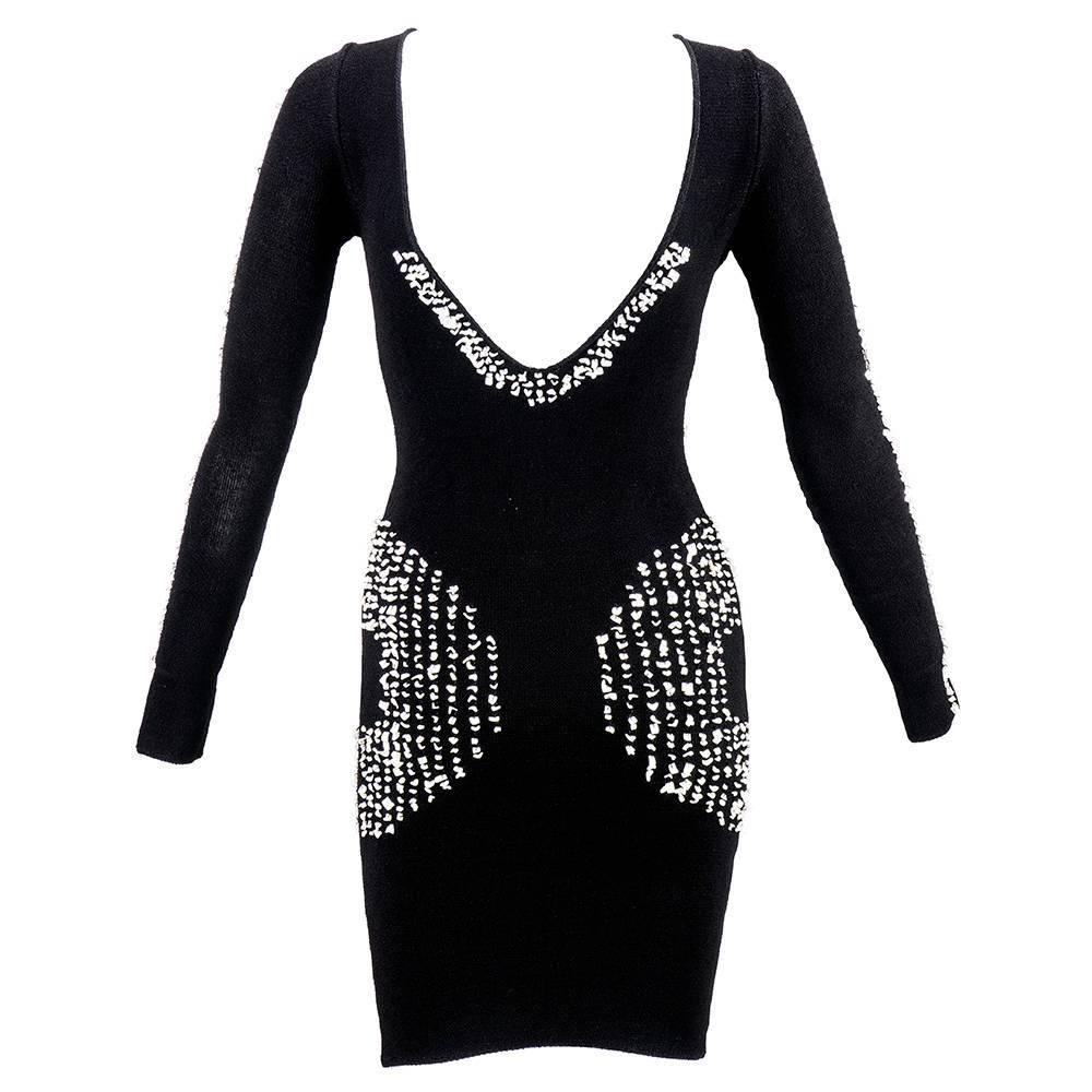 90s Krizia Black Knit Body Con Mini Embellished with Mother of Pearl In Excellent Condition For Sale In Los Angeles, CA