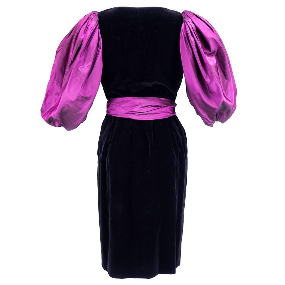 80s YSL Rive Gauche Black Velvet Dress with Eggplant Taffeta Trim In Excellent Condition In Los Angeles, CA