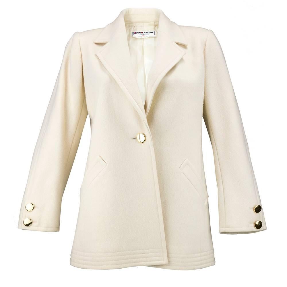80s YSL Ivory Wool Stylized Car Coat For Sale