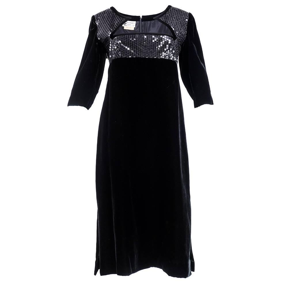 80s Courreges Black Velvet and Sequin Cocktail Dress For Sale