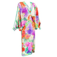 80s Leonard Batwing Abstract Floral Print Silk Jacquard Gown