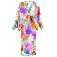 Retro 80s Leonard Batwing Abstract Floral Print Silk Jacquard Gown