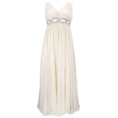 60s Malcolm Starr White Chiffon Gown with Peek A Boo Embellished Waistband