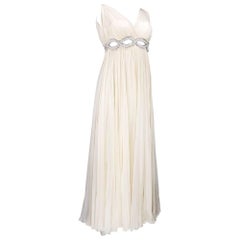 60s Malcolm Starr White Chiffon Gown with Peek A Boo Embellished Waistband