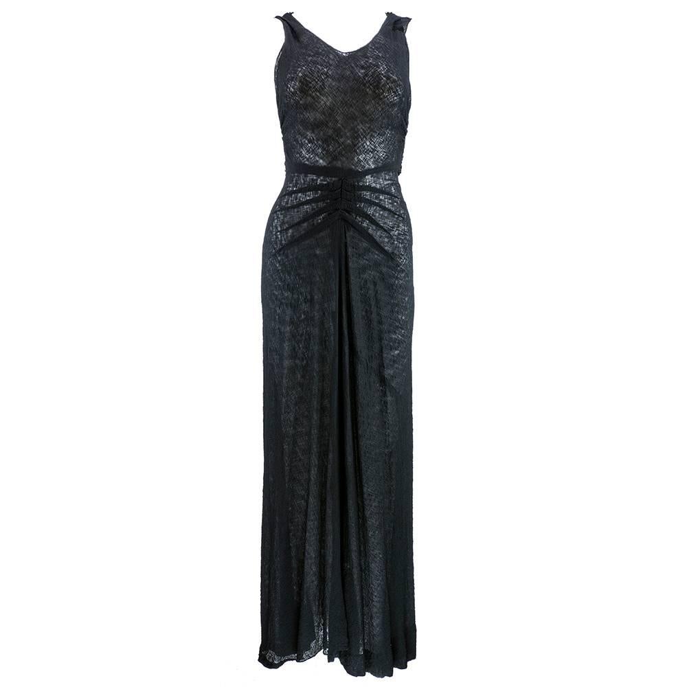 30s Black Killer Bias Cut Couture Finish Evening Gown For Sale