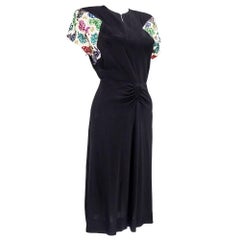 40s Black Rayon Crepe Cocktail Dress with Rainbow Sequin Sleeves