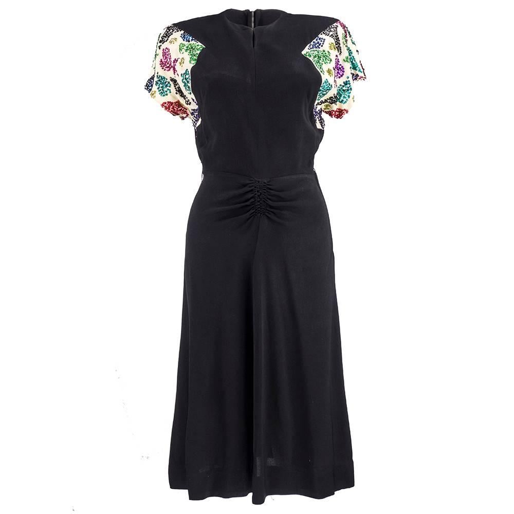 40s Black Rayon Crepe Cocktail Dress with Rainbow Sequin Sleeves For Sale