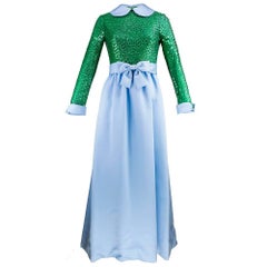 60s Mollie Parnis Precious Green and Blue Sequined Evening Gown