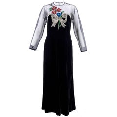 80s Oscar de la Renta Black Velvet Gown With Beaded Bouquet Illusion Bodice
