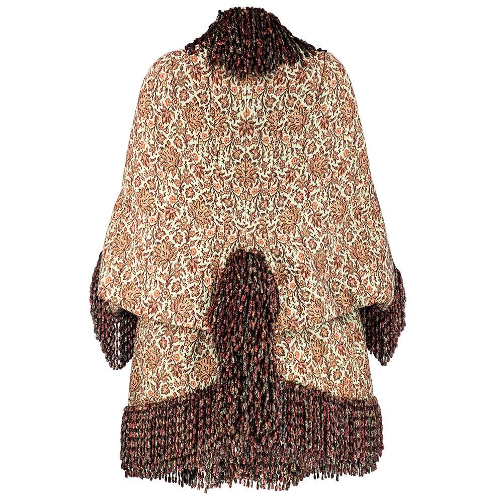 Brown Victorian Wool Floral Jacquard Carriage Coat with Plush Silk Chenille Fringe