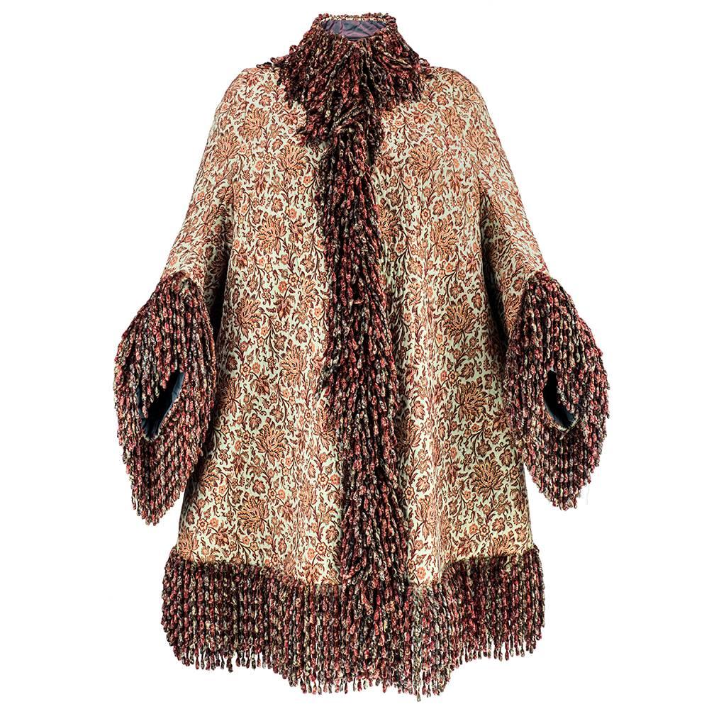 Victorian Wool Floral Jacquard Carriage Coat with Plush Silk Chenille Fringe