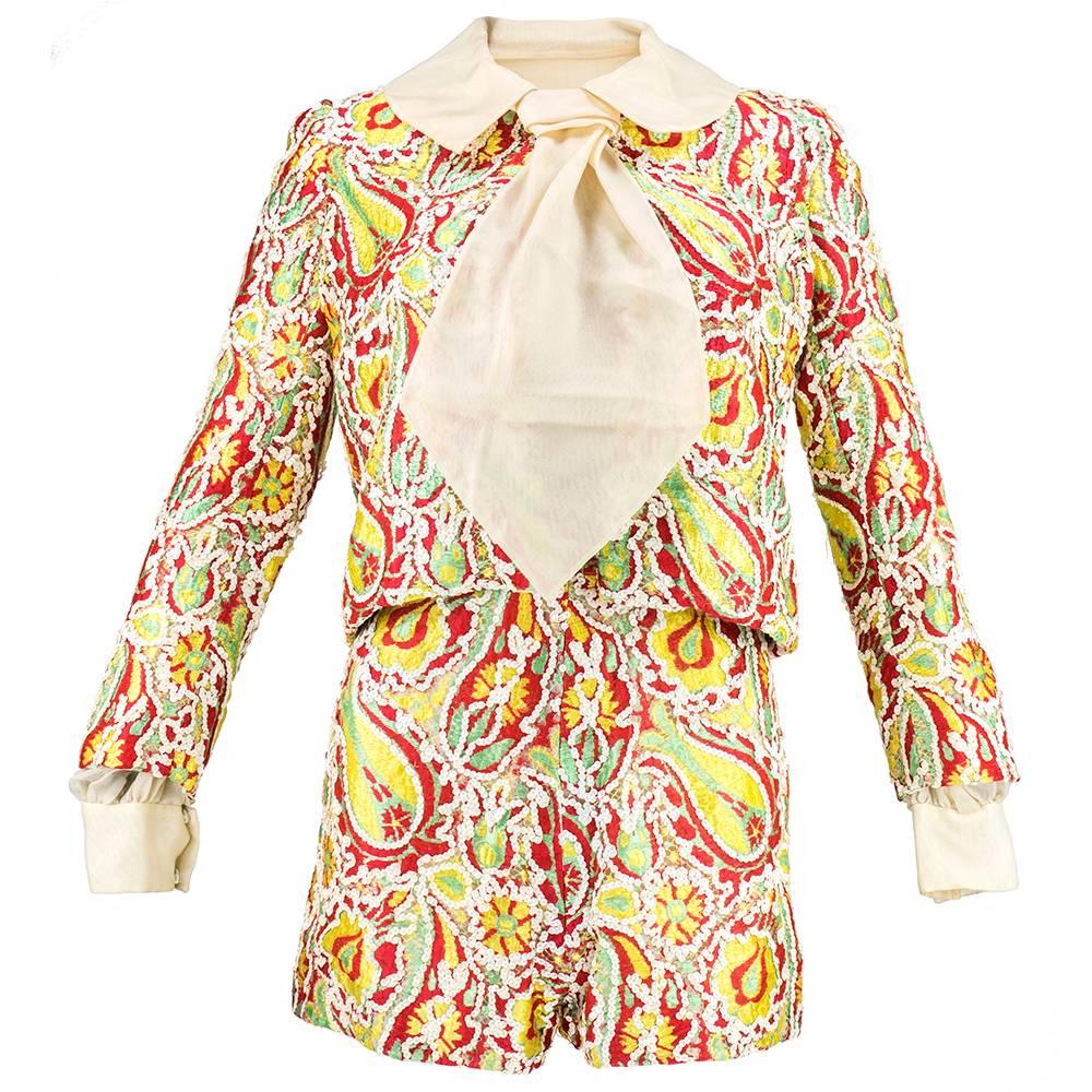 1970s Arnold Scaasi Sequin Paisley Hot Pant 3 Piece Evening Ensemble For Sale