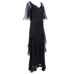 2000s Ungaro Black Tiered Chiffon Bias Cut Gown