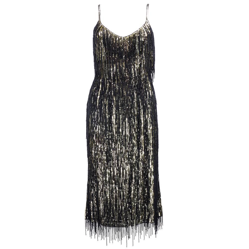 2000s Escada Gold Sequin Black Fringed Sheath 