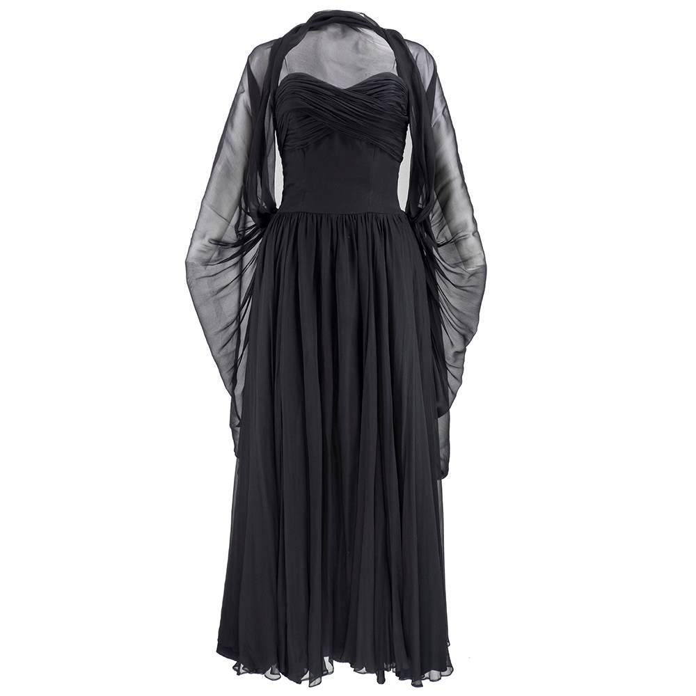50s Frank Starr Black Silk Chiffon Glamour Gown