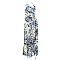 Naeem Khan  Blue and White Silk Jacquard Floral Halter Gown
