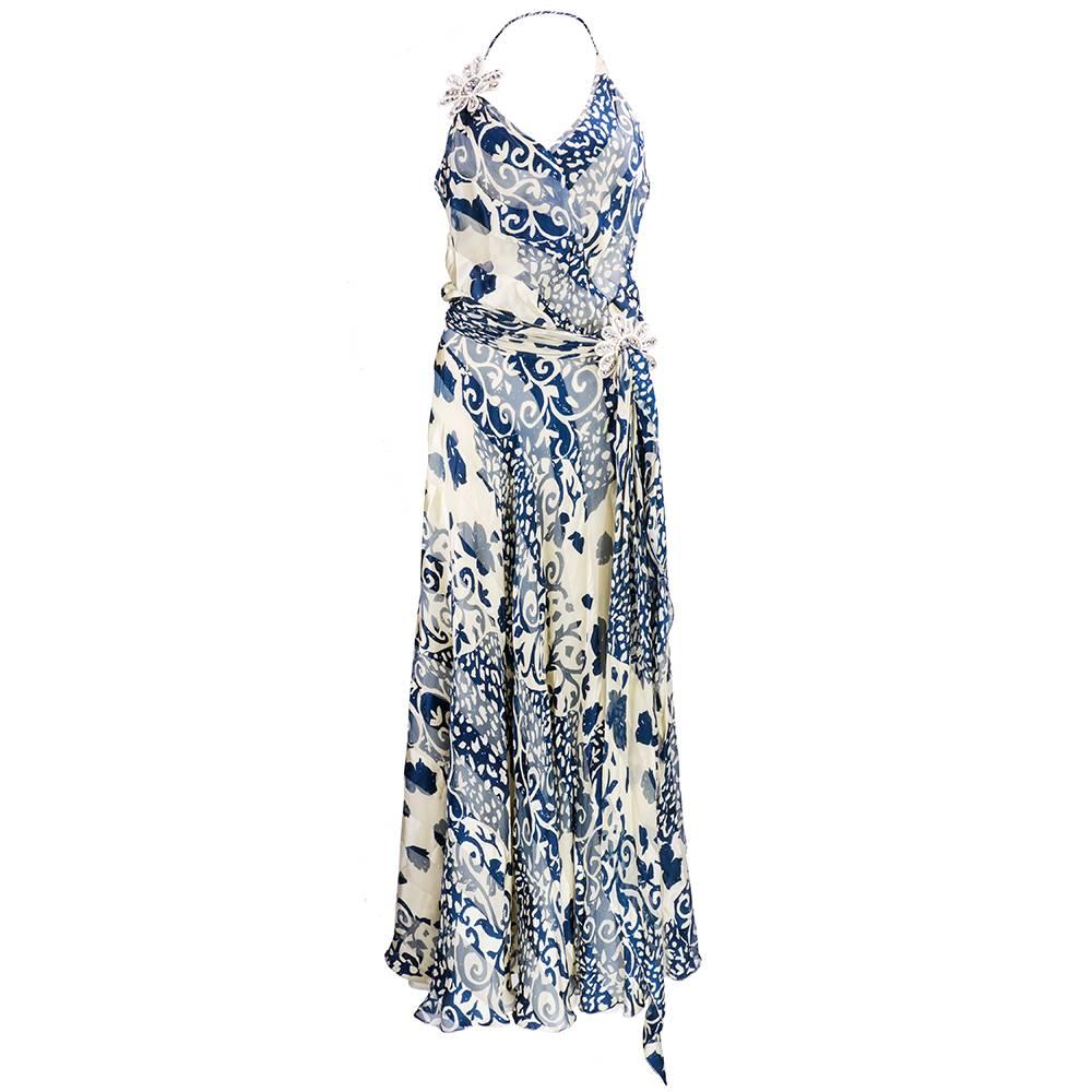 Naeem Khan  Blue and White Silk Jacquard Floral Halter Gown For Sale