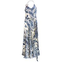 Naeem Khan  Blue and White Silk Jacquard Floral Halter Gown