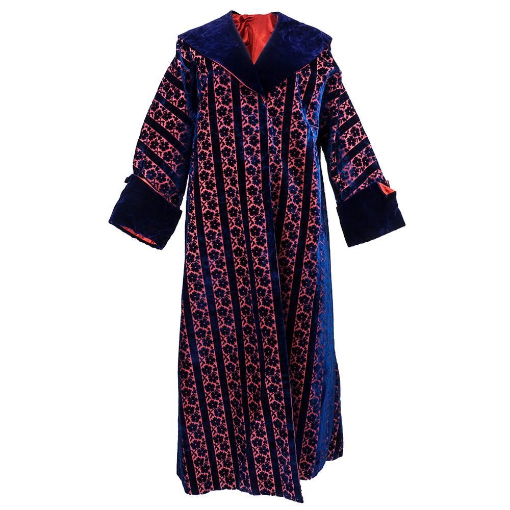 20s Royal Blue Cut Silk Velvet Banyan Style Opera Coat For Sale