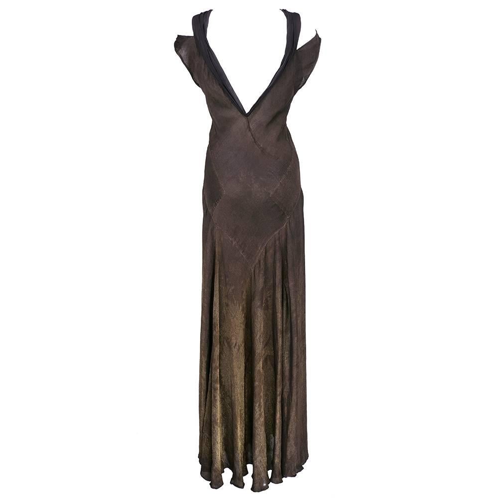 Black Incredibly Sexy 30s Brown Silk Bias Cut Gown Shot with Gold For Sale