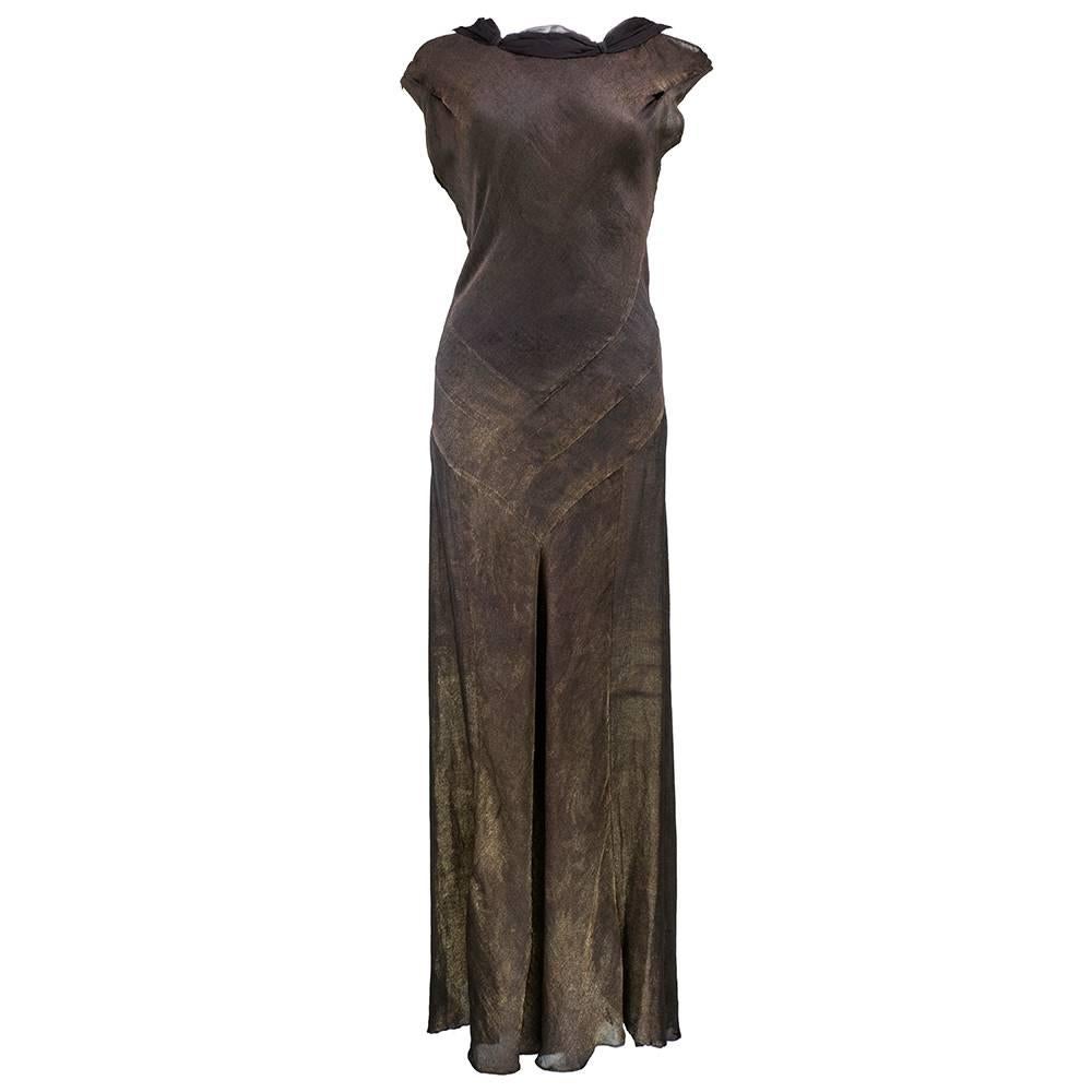 Incredibly Sexy 30s Brown Silk Bias Cut Gown Shot with Gold For Sale