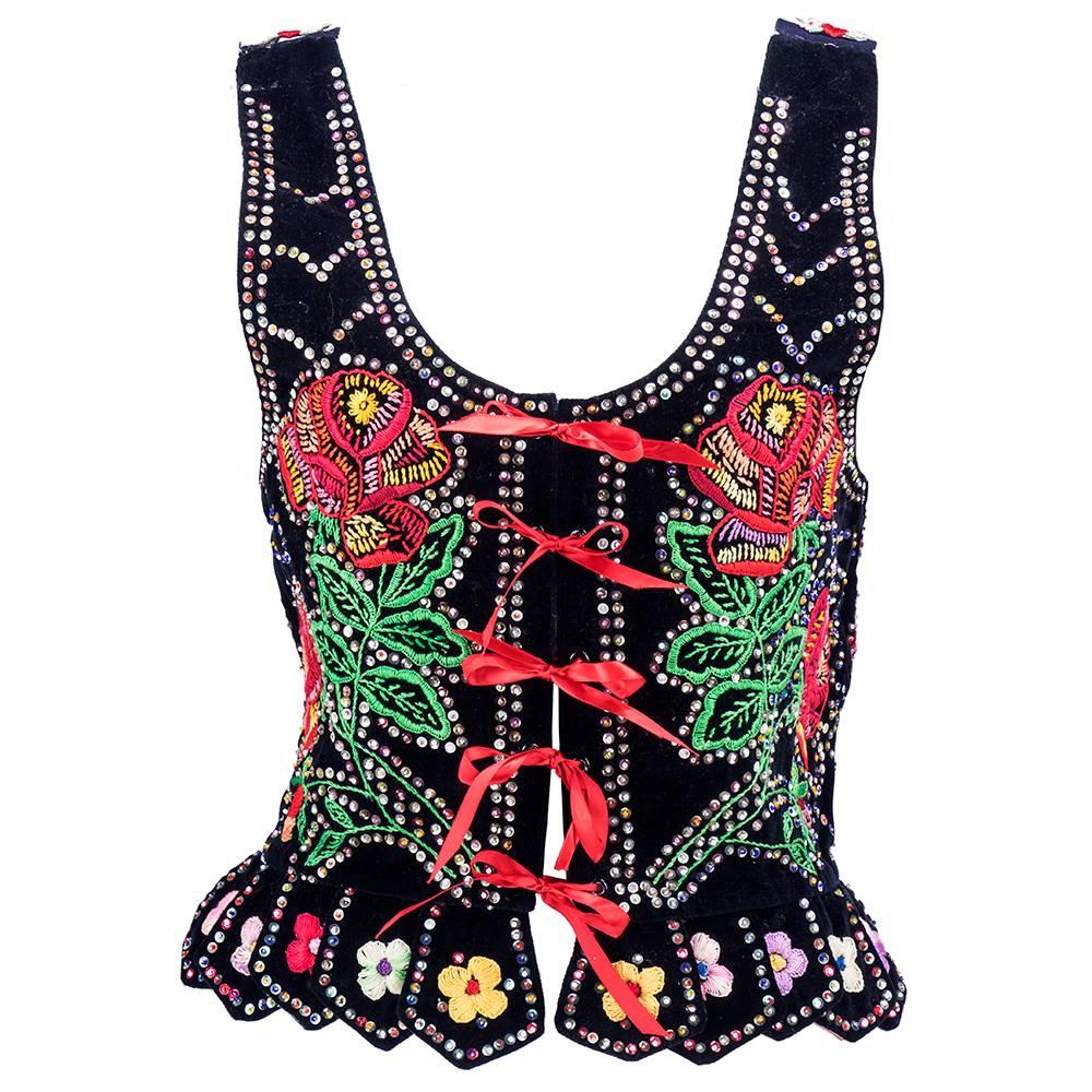 20th Century Polish Folkloric Velvet Hand Embroidered Embellished Lace-Up Vest For Sale