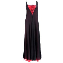 Vintage 70s Stavropoulous Black and Red Chiffon Gown with Black Metallic Lace Insert