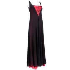 70s Stavropoulous Black and Red Chiffon Gown with Black Metallic Lace Insert