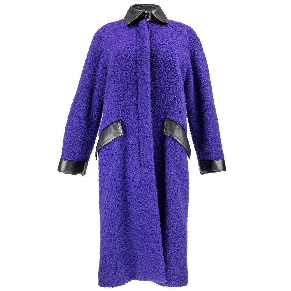 70s Christian Dior Purple Nubby Wool Overcoat with Leather Trim For Sale