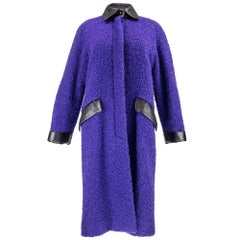 Vintage 70s Christian Dior Purple Nubby Wool Overcoat with Leather Trim