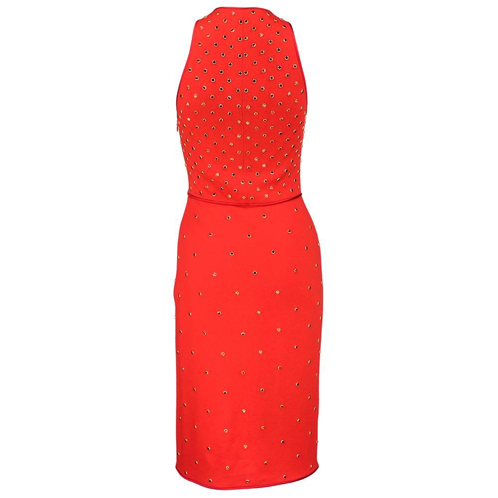 2000s Donald Deal Red Knit Low Cut Bedazzled Dress In Excellent Condition For Sale In Los Angeles, CA