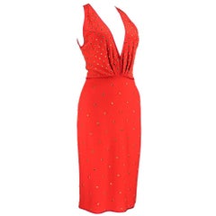 2000s Donald Deal Red Knit Low Cut Bedazzled Dress