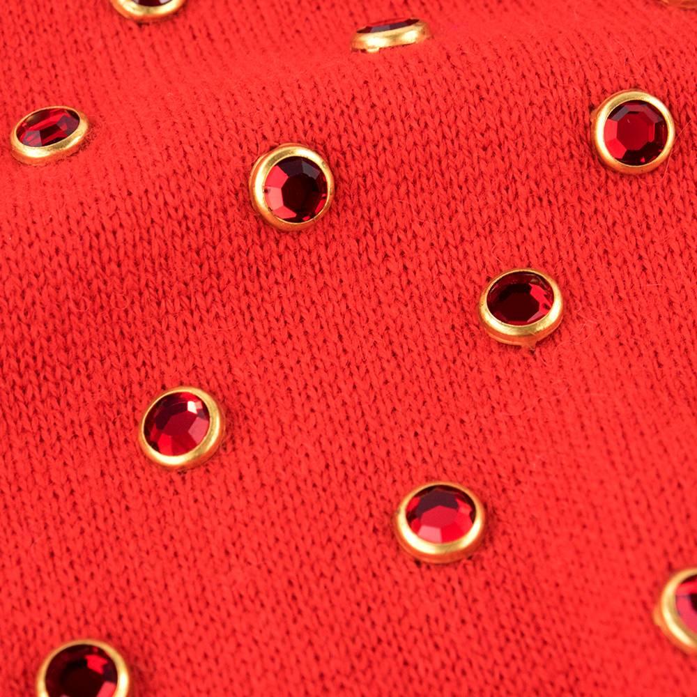 2000s Donald Deal Red Knit Low Cut Bedazzled Dress For Sale 2