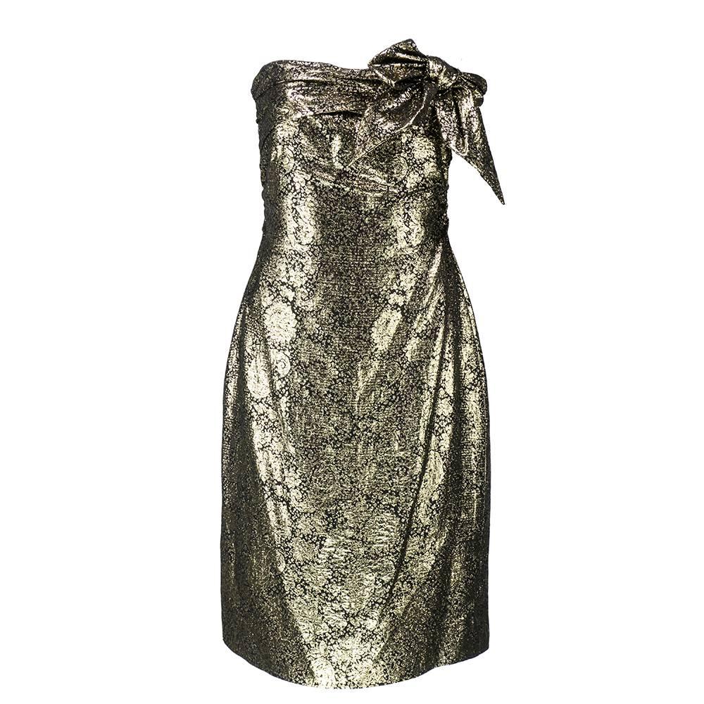 90s  Lanvin Gold Lame Strapless Cocktail Dress For Sale