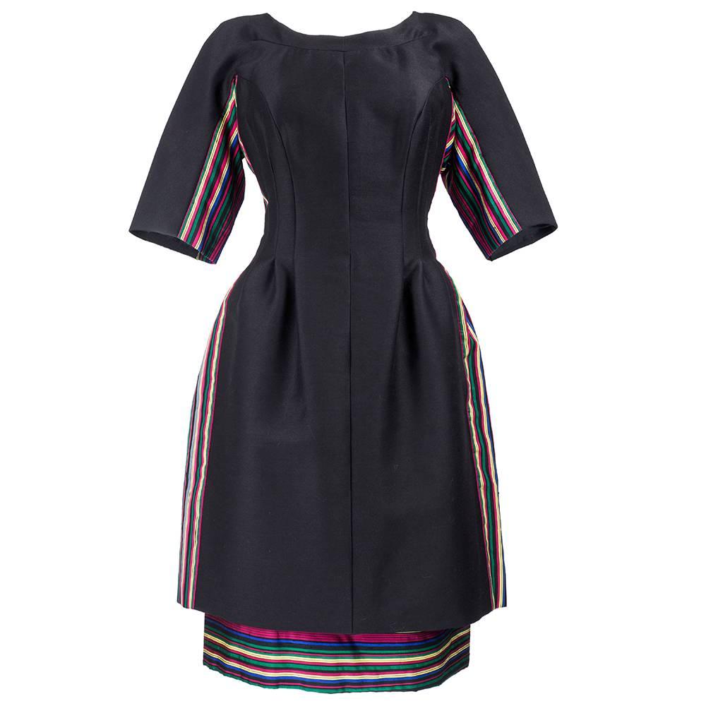 60s Sara Fredericks Interesting Black Dress with Multi-Color Stripes For Sale