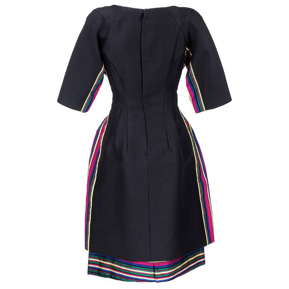 60s Sara Fredericks Interesting Black Dress with Multi-Color Stripes In Excellent Condition For Sale In Los Angeles, CA