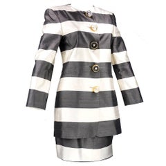 80s Gianfranco Ferre Grey white Striped Silk Ensemble with Chunky Lucite Buttons