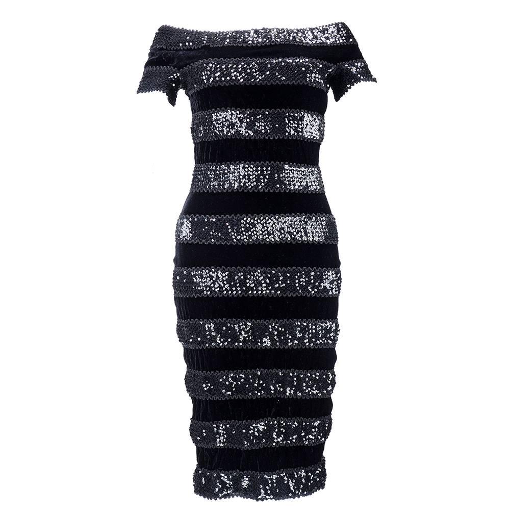 80s Jiki Monte Carlo Creations Black Velvet and Sequin Stretchy Sheath For Sale