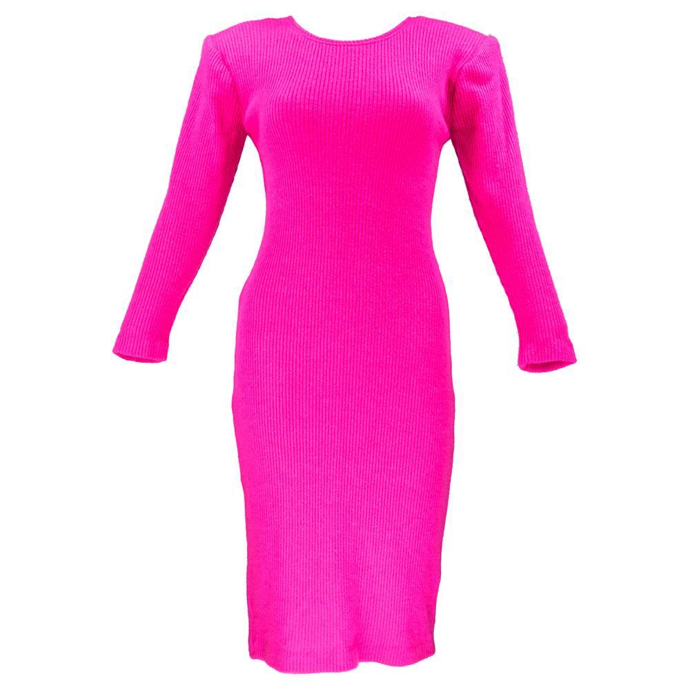 80s Patrick Kelly Magenta Ribbed Knit Body Con Scoop Back Dress For Sale
