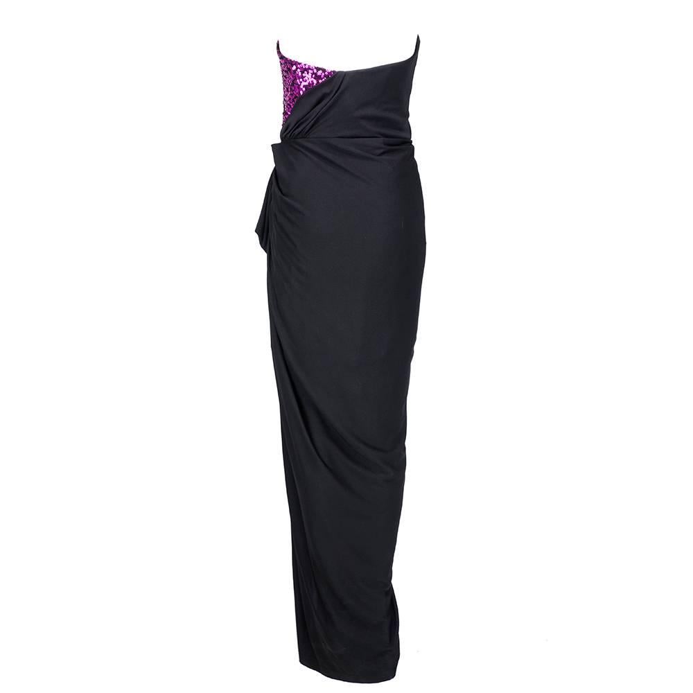 Black 1980's Vicky Tiel Magenta Sequined Jersey Gown For Sale