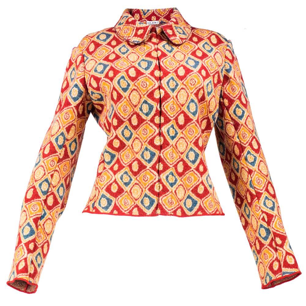 Early 2000s Alaia Wool Knit Abstract Print Jacket For Sale