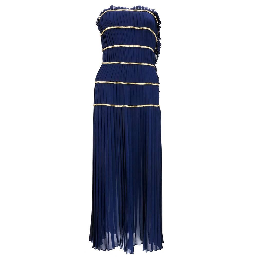 Chanel Nautical Blue Chiffon Strapless Gown with Chain Detail For Sale