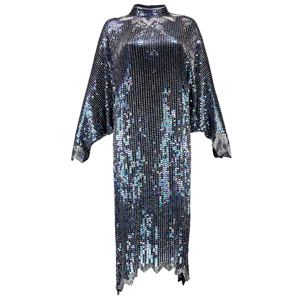 Halston 1980s Iridescent Sequin Evening Dress with Asymmetric Hem For Sale