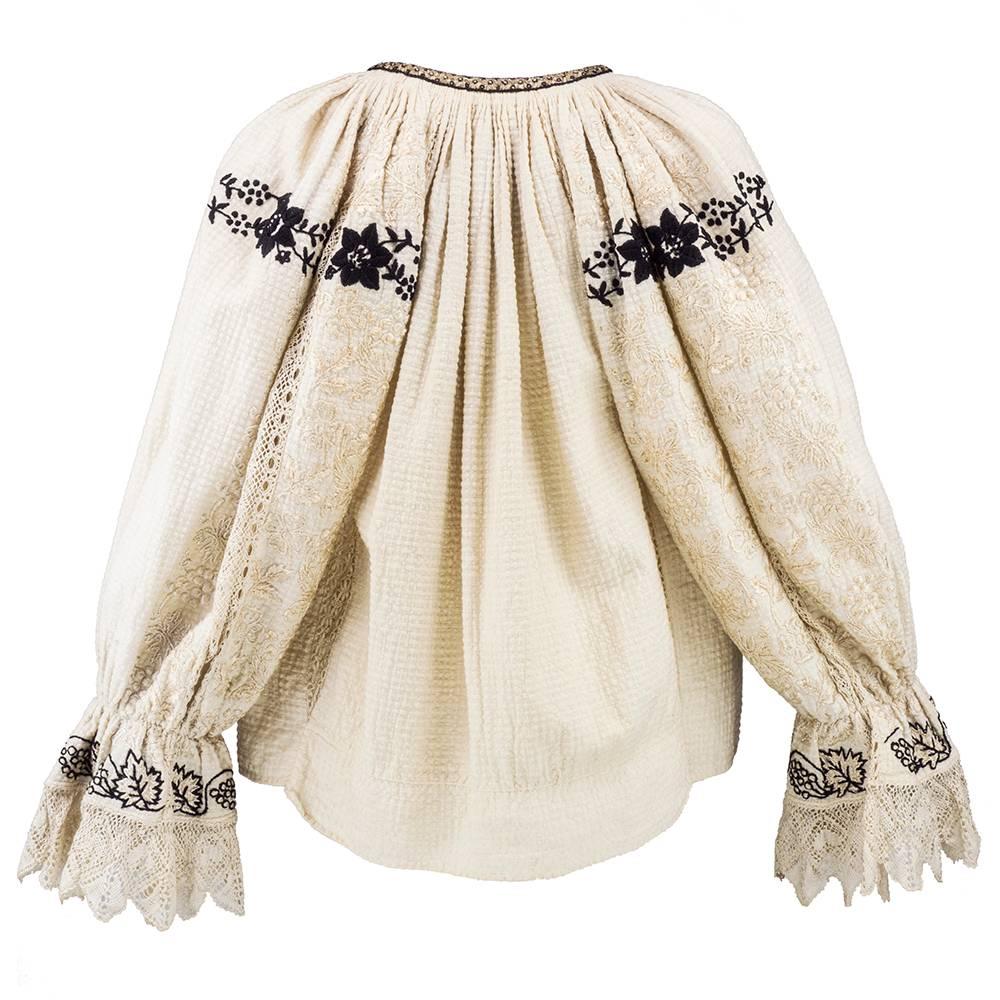 Beige 1930s Eastern European Beautifully Embroidered Blouse with Delicate Crochet