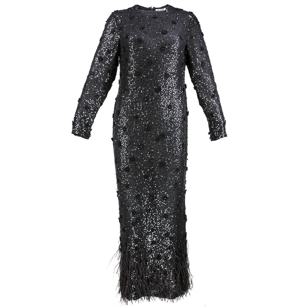 80s Bill Blass Sequin Sheath Style  Gown with Ostrich Feathers For Sale